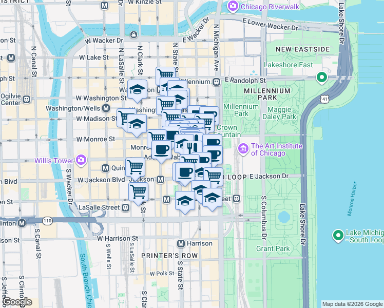 map of restaurants, bars, coffee shops, grocery stores, and more near 111 S South State Street in Chicago