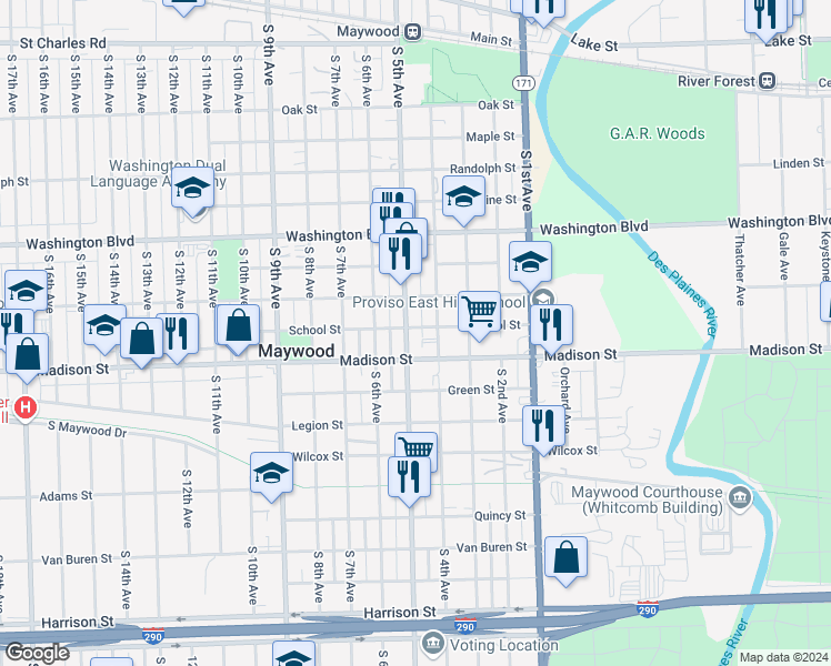 map of restaurants, bars, coffee shops, grocery stores, and more near 412 School Street in Maywood
