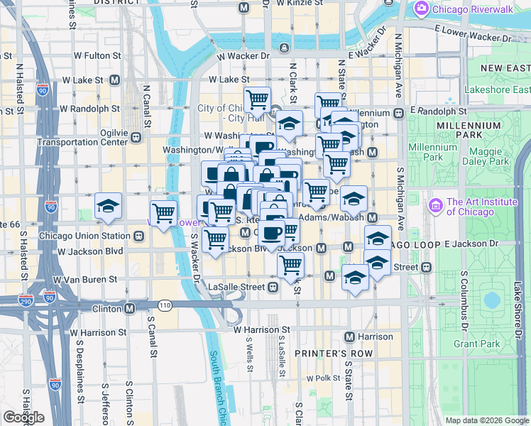 map of restaurants, bars, coffee shops, grocery stores, and more near 190 South LaSalle Street in Chicago