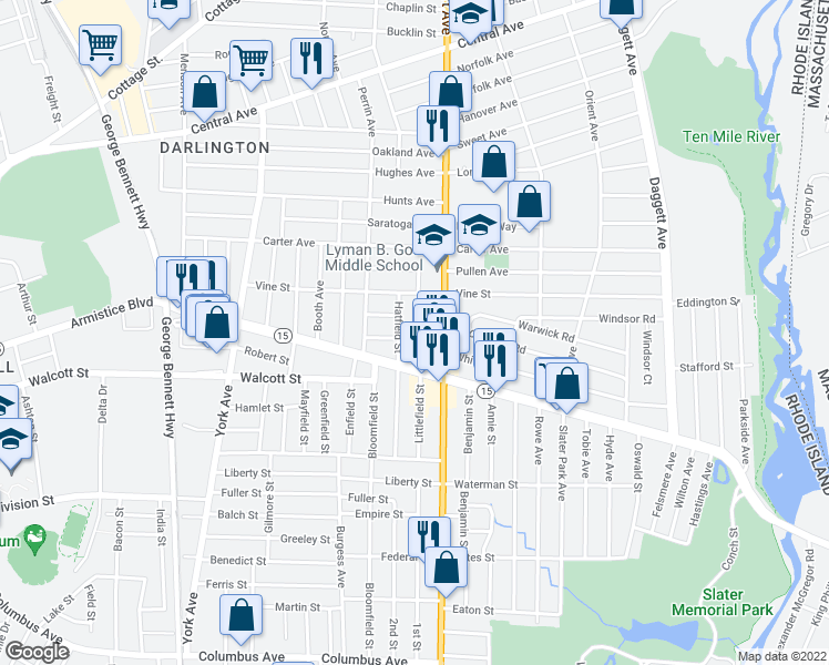 map of restaurants, bars, coffee shops, grocery stores, and more near 49 Littlefield Street in Pawtucket