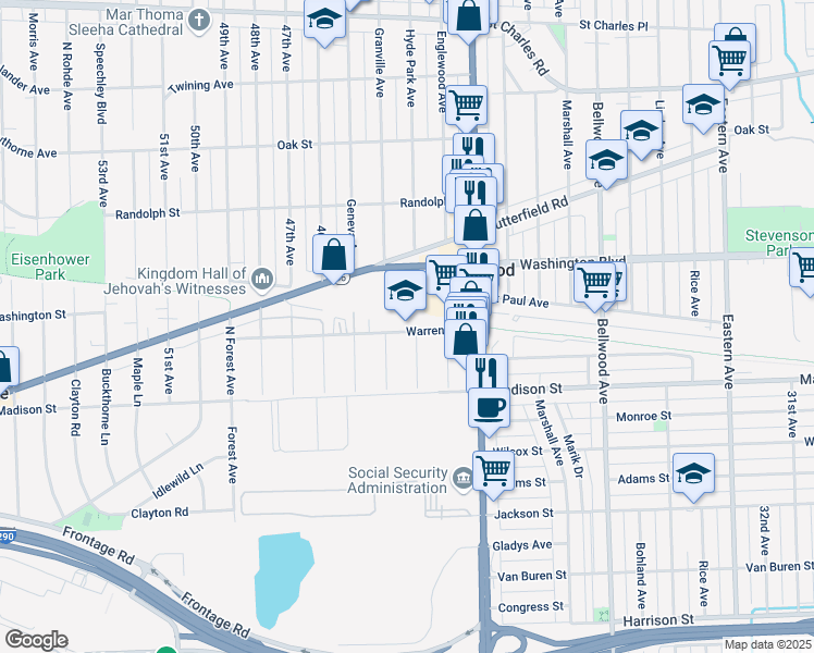 map of restaurants, bars, coffee shops, grocery stores, and more near 4100 Warren Avenue in Hillside