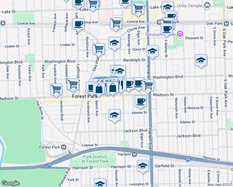 map of restaurants, bars, coffee shops, grocery stores, and more near 7407 Madison Street in Forest Park