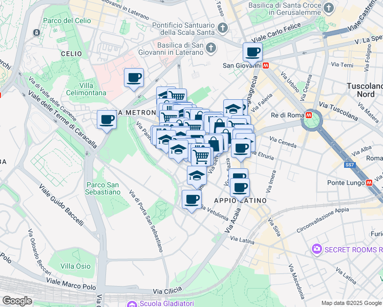 map of restaurants, bars, coffee shops, grocery stores, and more near 58 Via Iberia in Roma