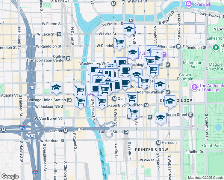 map of restaurants, bars, coffee shops, grocery stores, and more near 227 West Monroe Street in Chicago