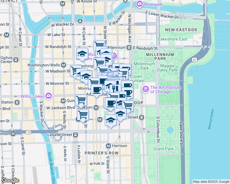 map of restaurants, bars, coffee shops, grocery stores, and more near 30 East Adams Street in Chicago