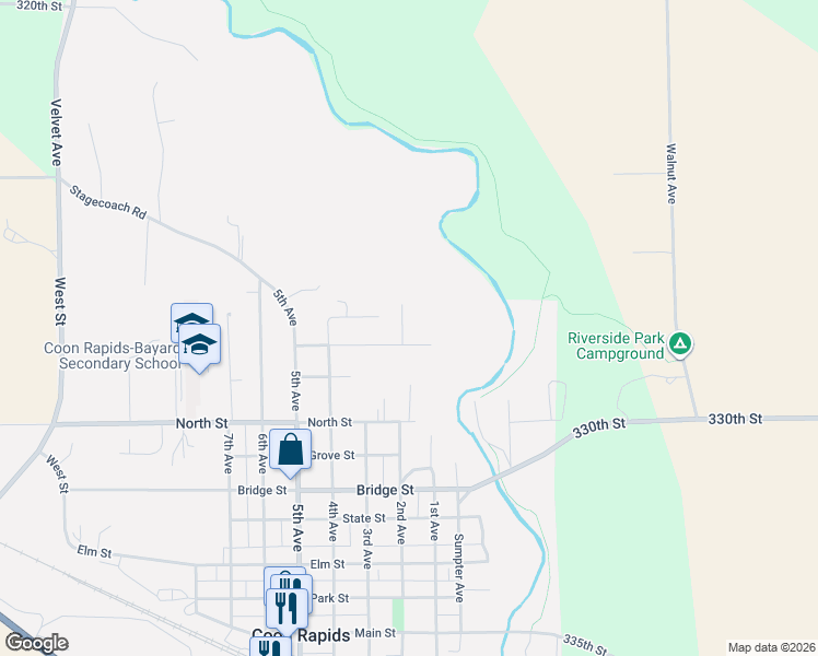 map of restaurants, bars, coffee shops, grocery stores, and more near 907 Riverview Drive in Coon Rapids