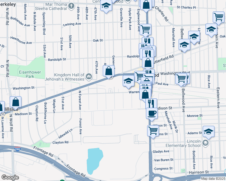 map of restaurants, bars, coffee shops, grocery stores, and more near 4202 Warren Avenue in Hillside