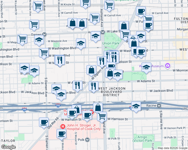 map of restaurants, bars, coffee shops, grocery stores, and more near 1654 West Ogden Avenue in Chicago