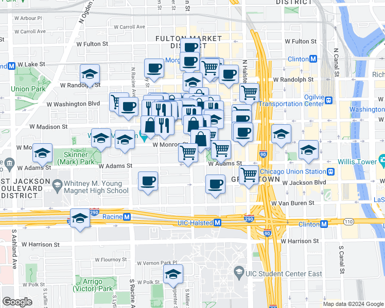 map of restaurants, bars, coffee shops, grocery stores, and more near in Chicago