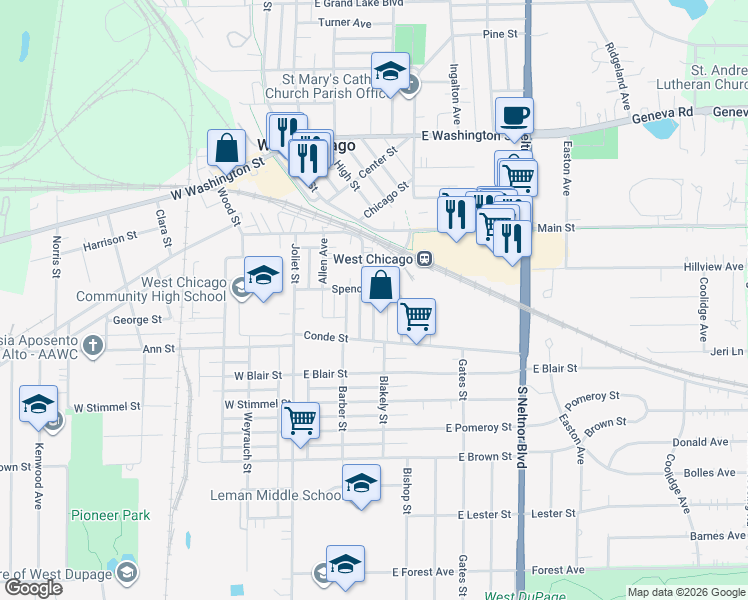 map of restaurants, bars, coffee shops, grocery stores, and more near 310 Wilson Avenue in West Chicago