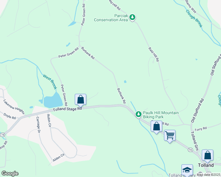 map of restaurants, bars, coffee shops, grocery stores, and more near 35 Burbank Road in Tolland