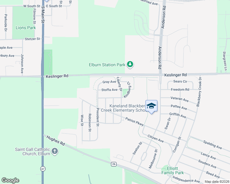 map of restaurants, bars, coffee shops, grocery stores, and more near 623 Stoffa Avenue in Elburn