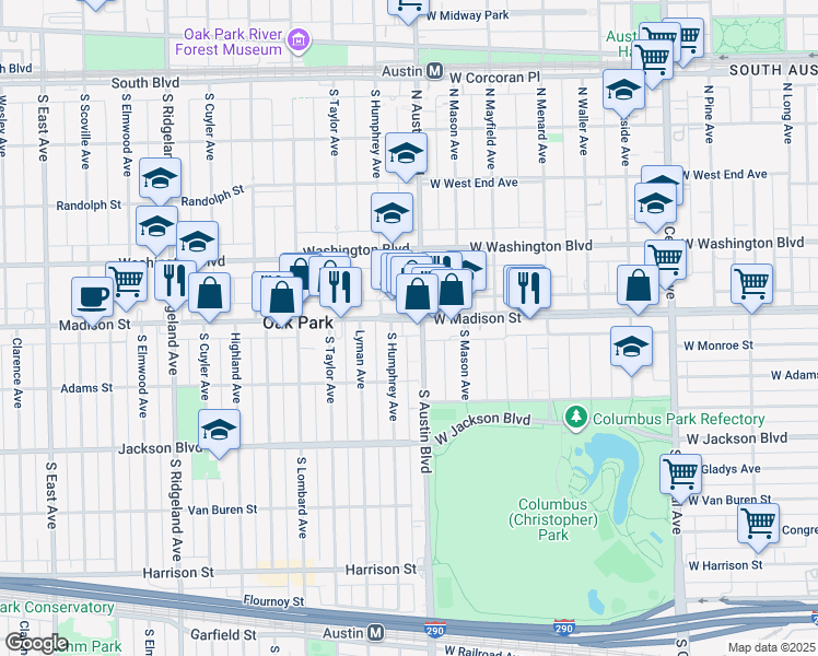 map of restaurants, bars, coffee shops, grocery stores, and more near 15 Madison Street in Oak Park