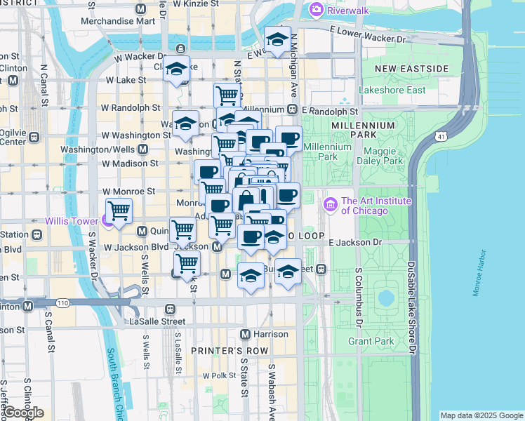 map of restaurants, bars, coffee shops, grocery stores, and more near 111 S South State Street in Chicago