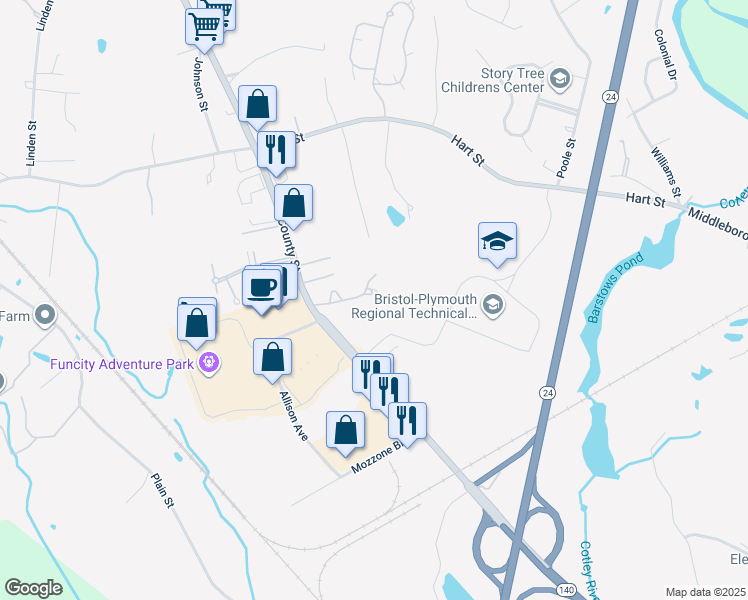 map of restaurants, bars, coffee shops, grocery stores, and more near 840 County Street in Taunton