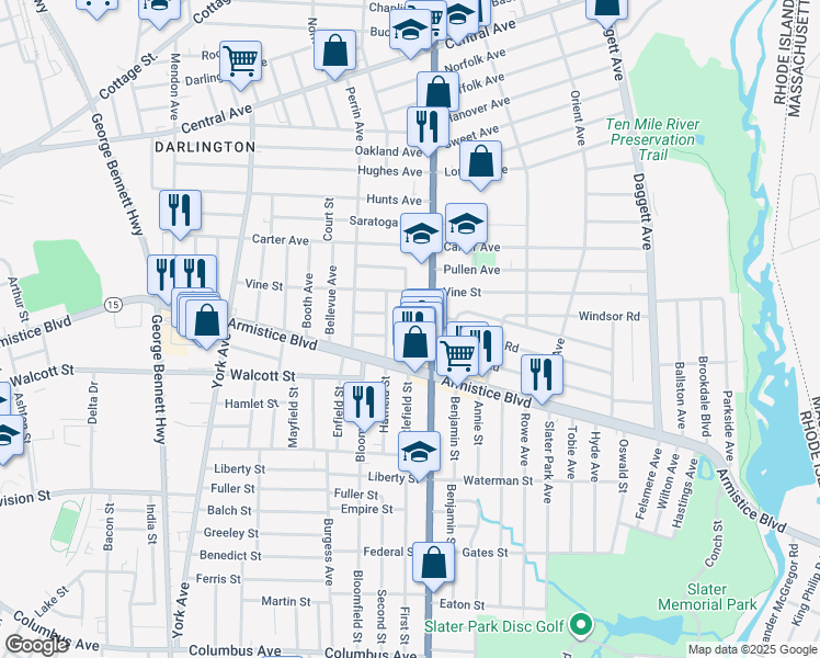 map of restaurants, bars, coffee shops, grocery stores, and more near 38 Littlefield Street in Pawtucket