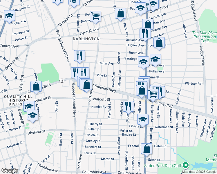 map of restaurants, bars, coffee shops, grocery stores, and more near 22 Booth Avenue in Pawtucket