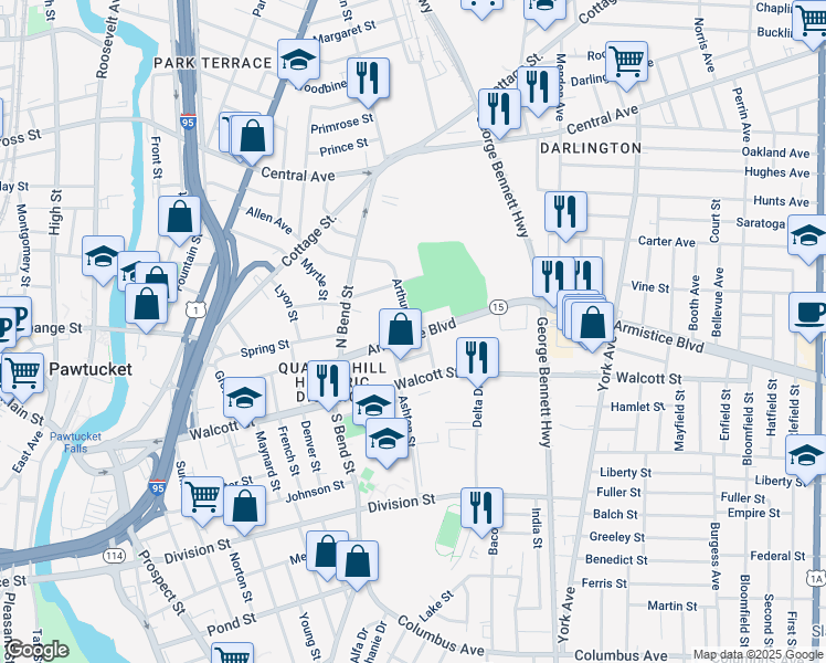 map of restaurants, bars, coffee shops, grocery stores, and more near 168 Armistice Boulevard in Pawtucket