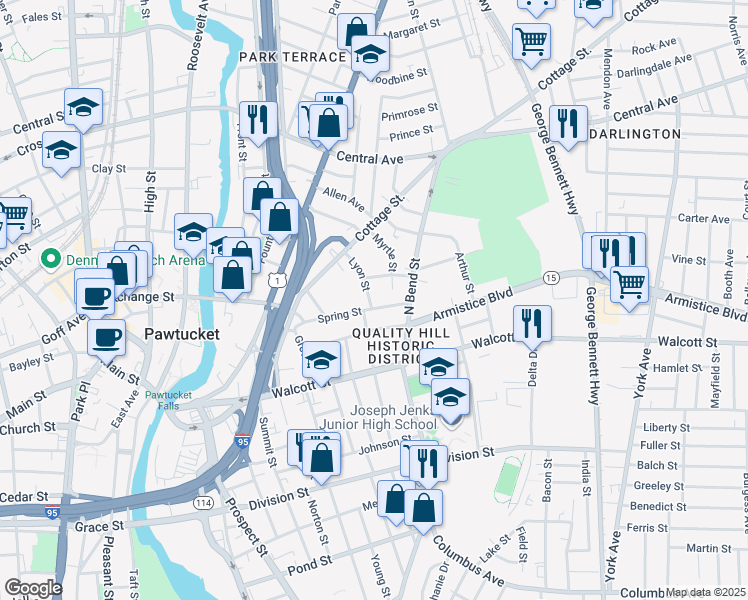 map of restaurants, bars, coffee shops, grocery stores, and more near 66 Lyon Street in Pawtucket