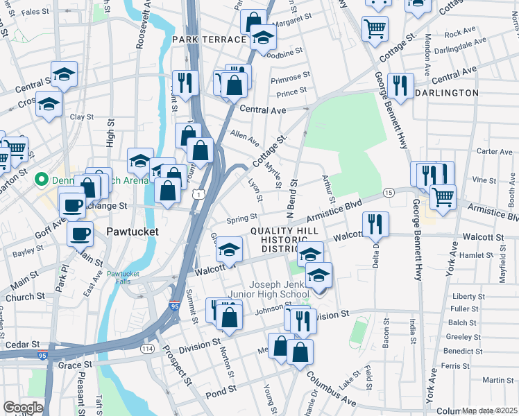 map of restaurants, bars, coffee shops, grocery stores, and more near 66 Lyon Street in Pawtucket