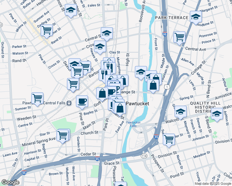map of restaurants, bars, coffee shops, grocery stores, and more near 50 Exchange Street in Pawtucket