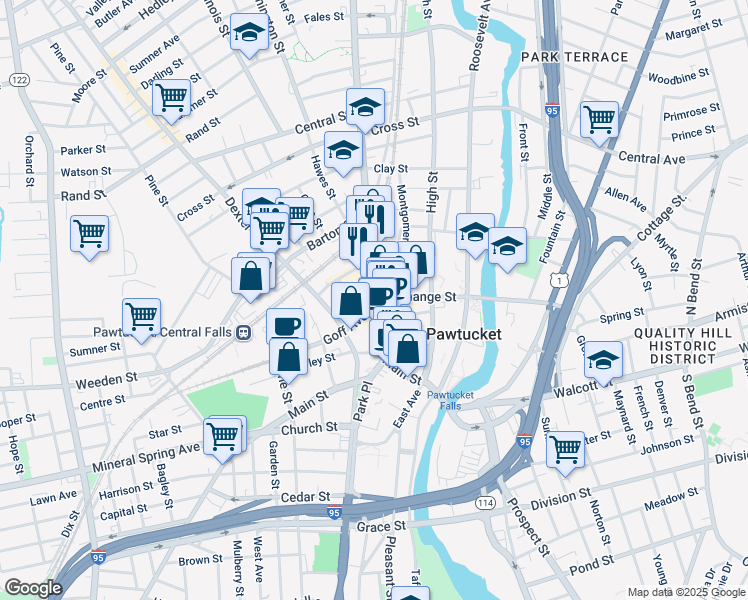 map of restaurants, bars, coffee shops, grocery stores, and more near 35 Summer Street in Pawtucket