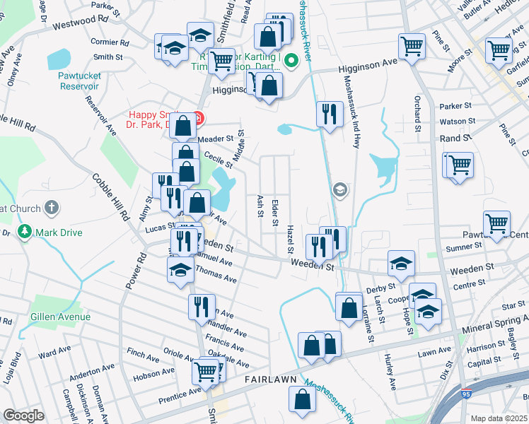 map of restaurants, bars, coffee shops, grocery stores, and more near 57 Ash Street in Pawtucket