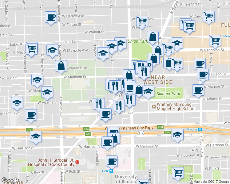 map of restaurants, bars, coffee shops, grocery stores, and more near 105 South Paulina Street in Chicago