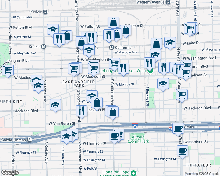 map of restaurants, bars, coffee shops, grocery stores, and more near 2753 West Monroe Street in Chicago
