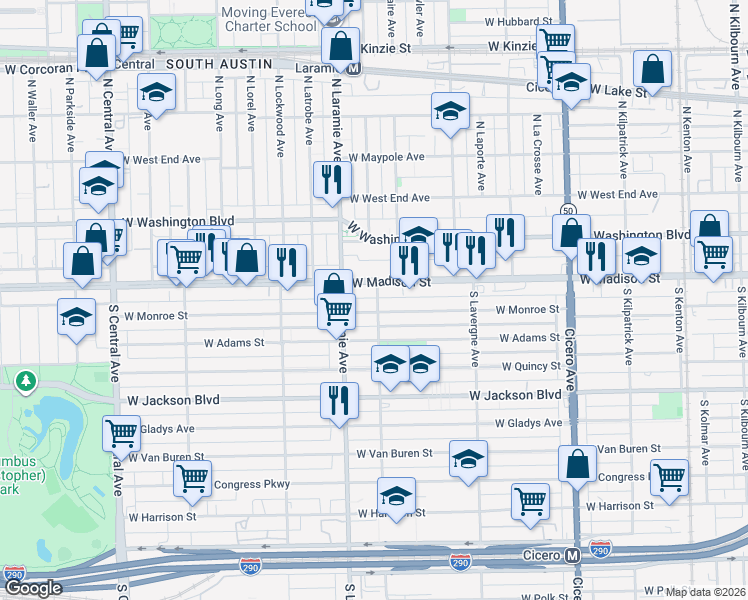 map of restaurants, bars, coffee shops, grocery stores, and more near 5107 West Madison Street in Chicago
