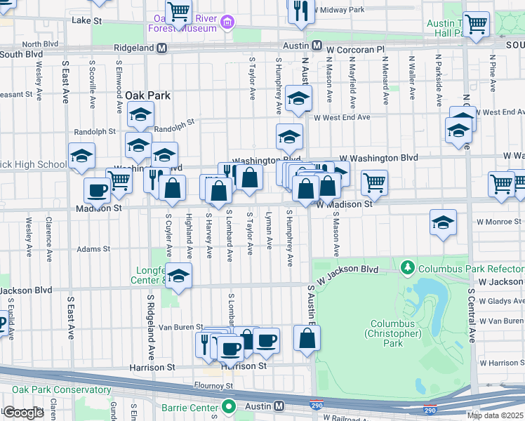 map of restaurants, bars, coffee shops, grocery stores, and more near in Oak Park
