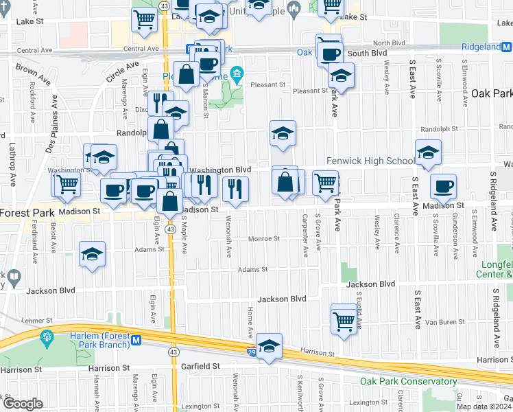 map of restaurants, bars, coffee shops, grocery stores, and more near 958 Madison Street in Oak Park