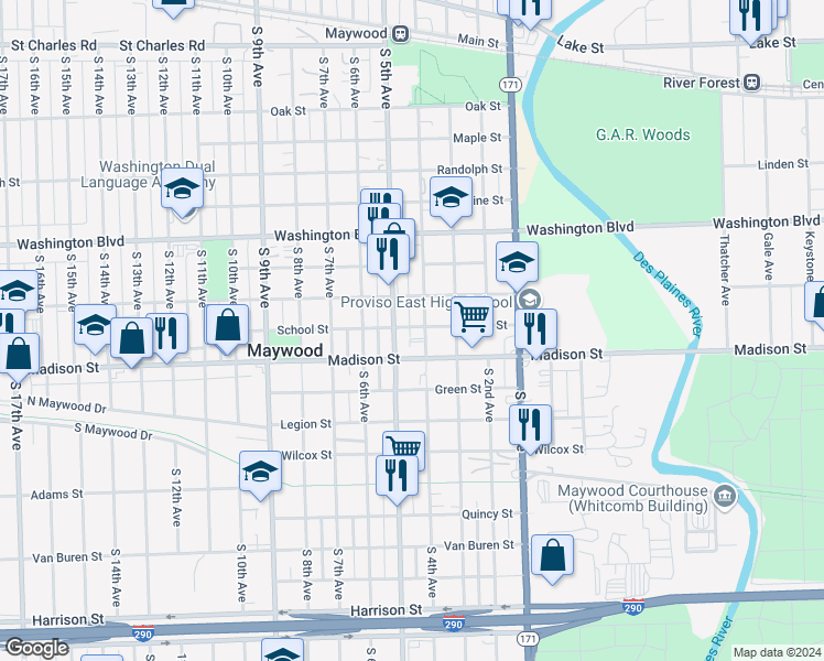 map of restaurants, bars, coffee shops, grocery stores, and more near 404 School Street in Maywood