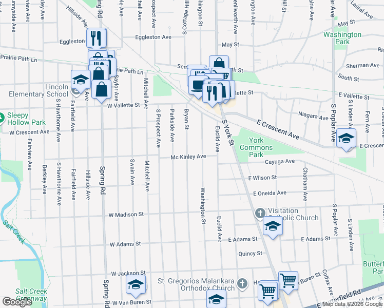 map of restaurants, bars, coffee shops, grocery stores, and more near 643 Bryan Street in Elmhurst