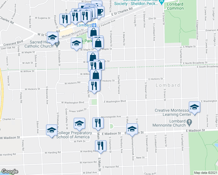 map of restaurants, bars, coffee shops, grocery stores, and more near 401 South Main Street in Lombard