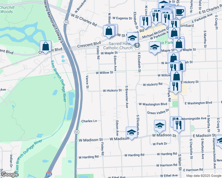 map of restaurants, bars, coffee shops, grocery stores, and more near 344 Edson Avenue in Lombard