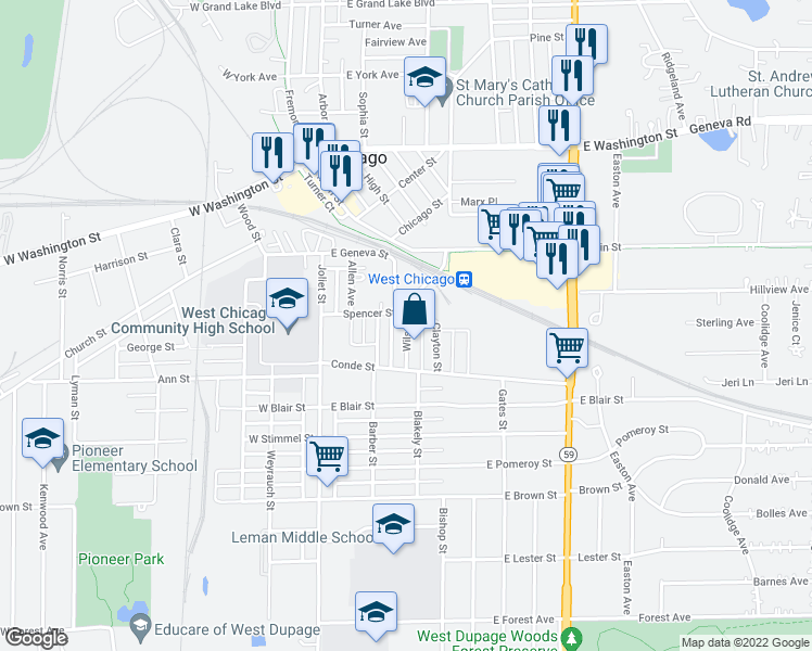 map of restaurants, bars, coffee shops, grocery stores, and more near 310 Wilson Avenue in West Chicago