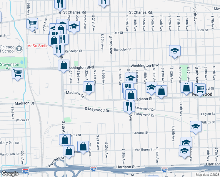 map of restaurants, bars, coffee shops, grocery stores, and more near 812 South 19th Avenue in Maywood