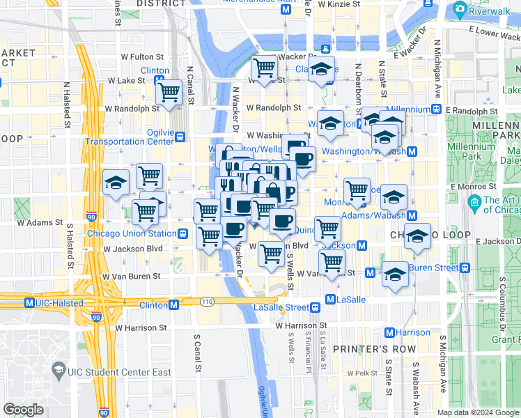 map of restaurants, bars, coffee shops, grocery stores, and more near 300 West Adams Street in Chicago