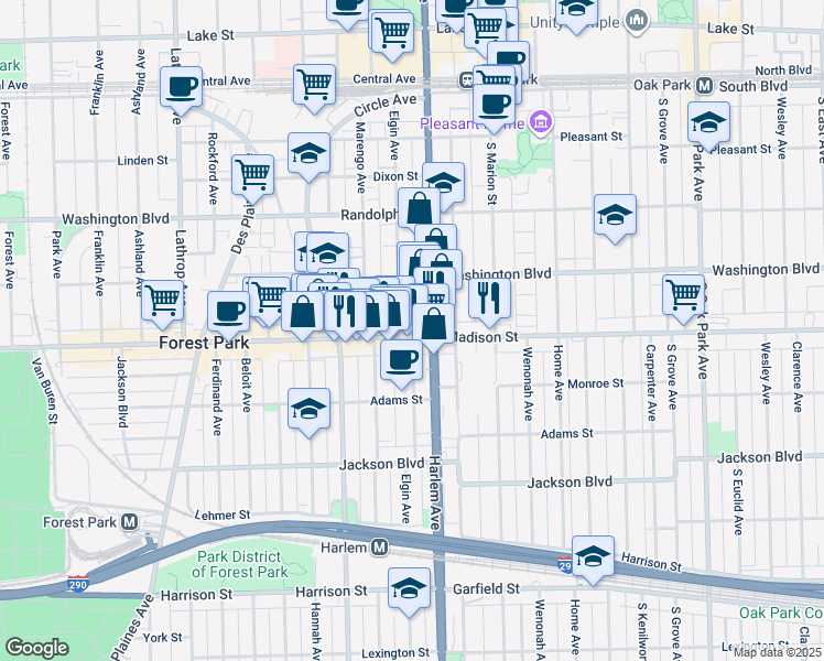 map of restaurants, bars, coffee shops, grocery stores, and more near 7209 Madison Street in Forest Park