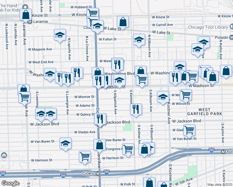 map of restaurants, bars, coffee shops, grocery stores, and more near 21 South Kilpatrick Avenue in Chicago