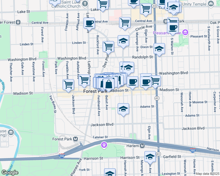 map of restaurants, bars, coffee shops, grocery stores, and more near 7441 Madison Street in Forest Park