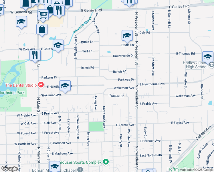 map of restaurants, bars, coffee shops, grocery stores, and more near 603 Wakeman Avenue in Wheaton