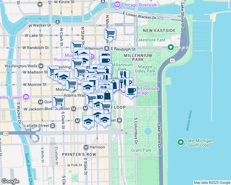 map of restaurants, bars, coffee shops, grocery stores, and more near 109 South Michigan Avenue in Chicago