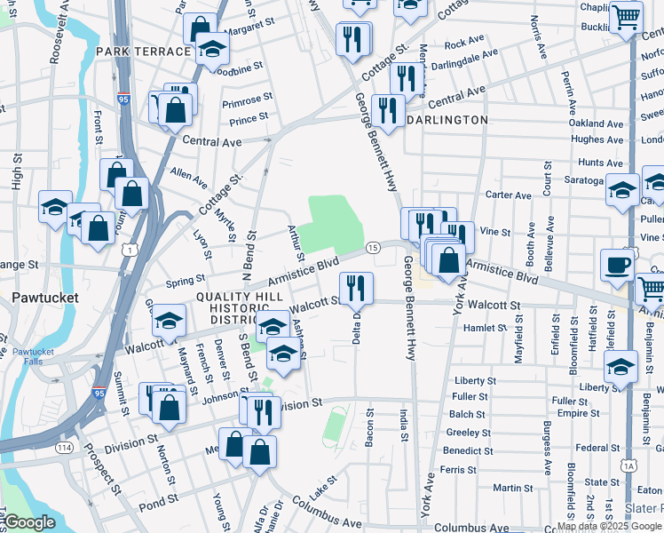 map of restaurants, bars, coffee shops, grocery stores, and more near 195 Armistice Boulevard in Pawtucket