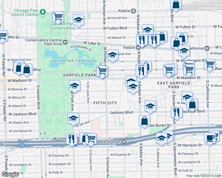 map of restaurants, bars, coffee shops, grocery stores, and more near 3324 West Monroe Street in Chicago