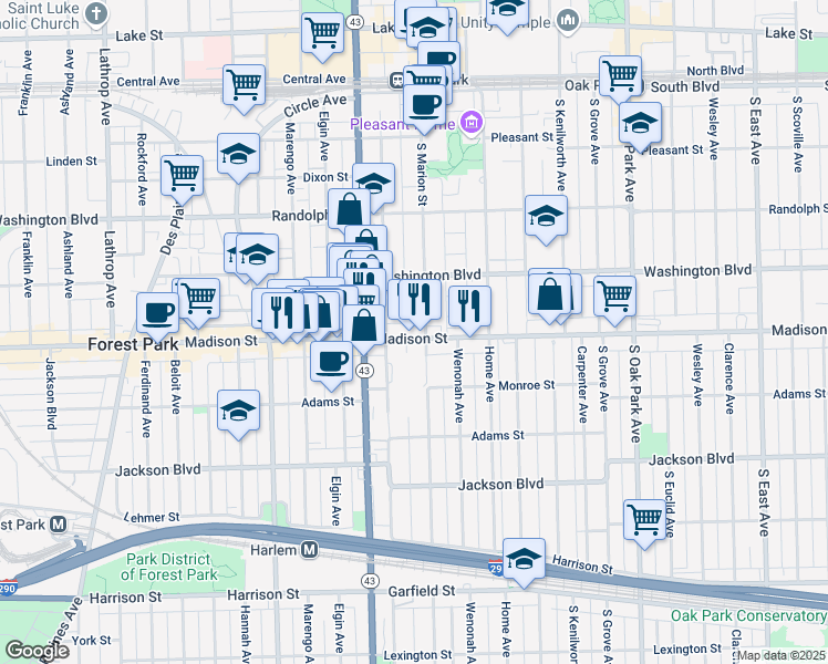 map of restaurants, bars, coffee shops, grocery stores, and more near 1100 Madison Street in Oak Park