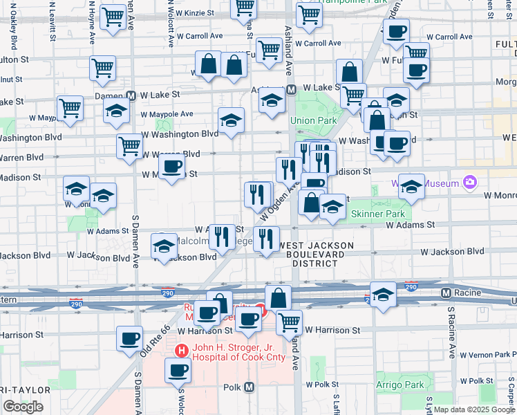 map of restaurants, bars, coffee shops, grocery stores, and more near 105 South Paulina Street in Chicago