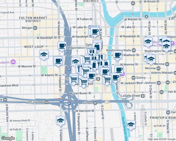 map of restaurants, bars, coffee shops, grocery stores, and more near 125 South Jefferson Street in Chicago