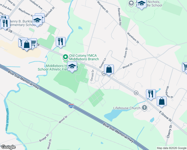 map of restaurants, bars, coffee shops, grocery stores, and more near 1 - 99 Robert Drive in Middleborough